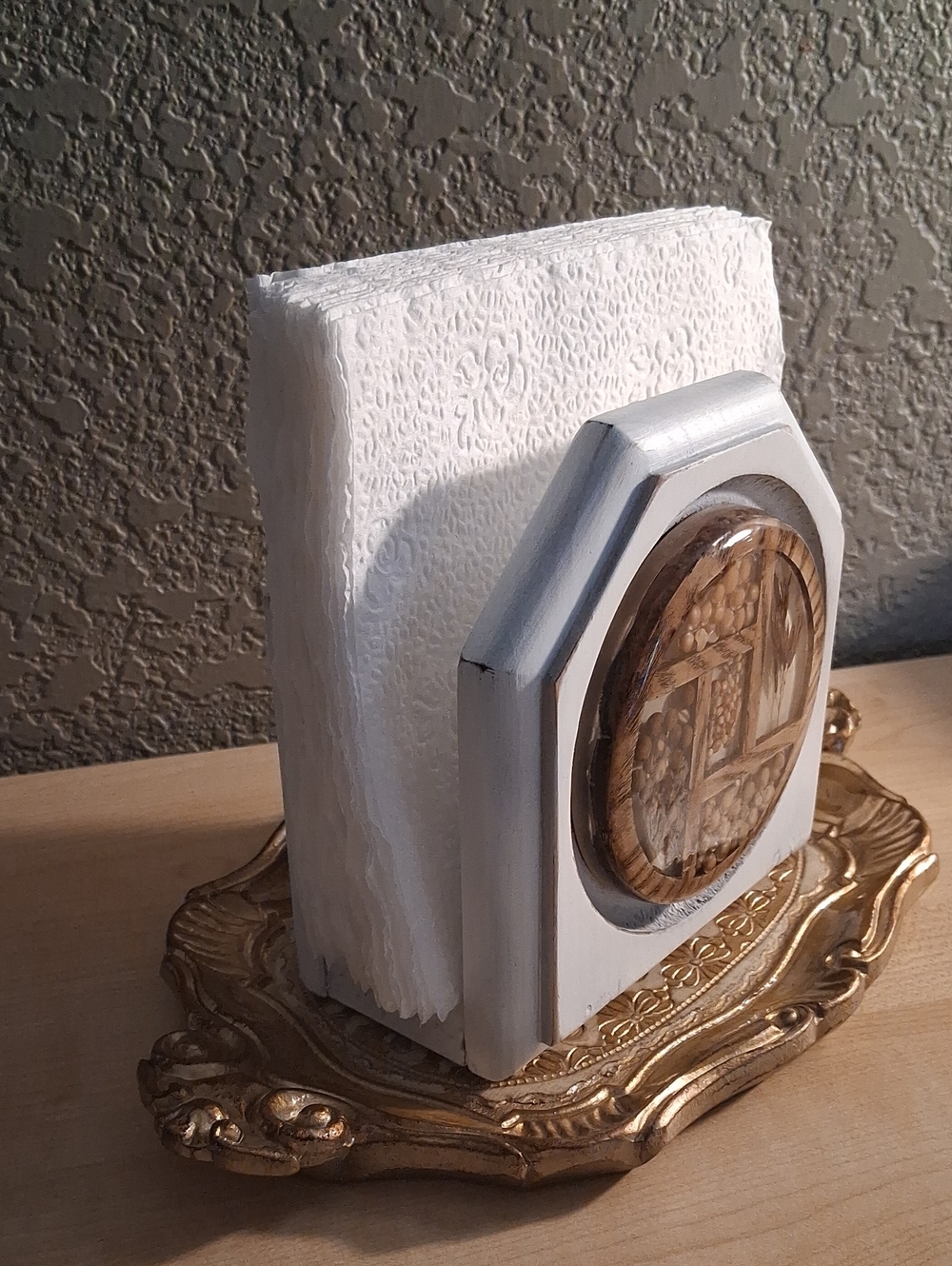 Vintage Farmhouse Wood Napkin Holder with Tray - Picture 2 of 7